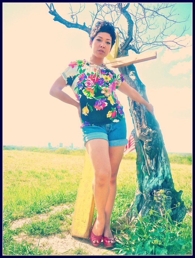 Silk "Garden Party" Blouse (@ our eBay store) and Levi Shorts @ Lula B's East